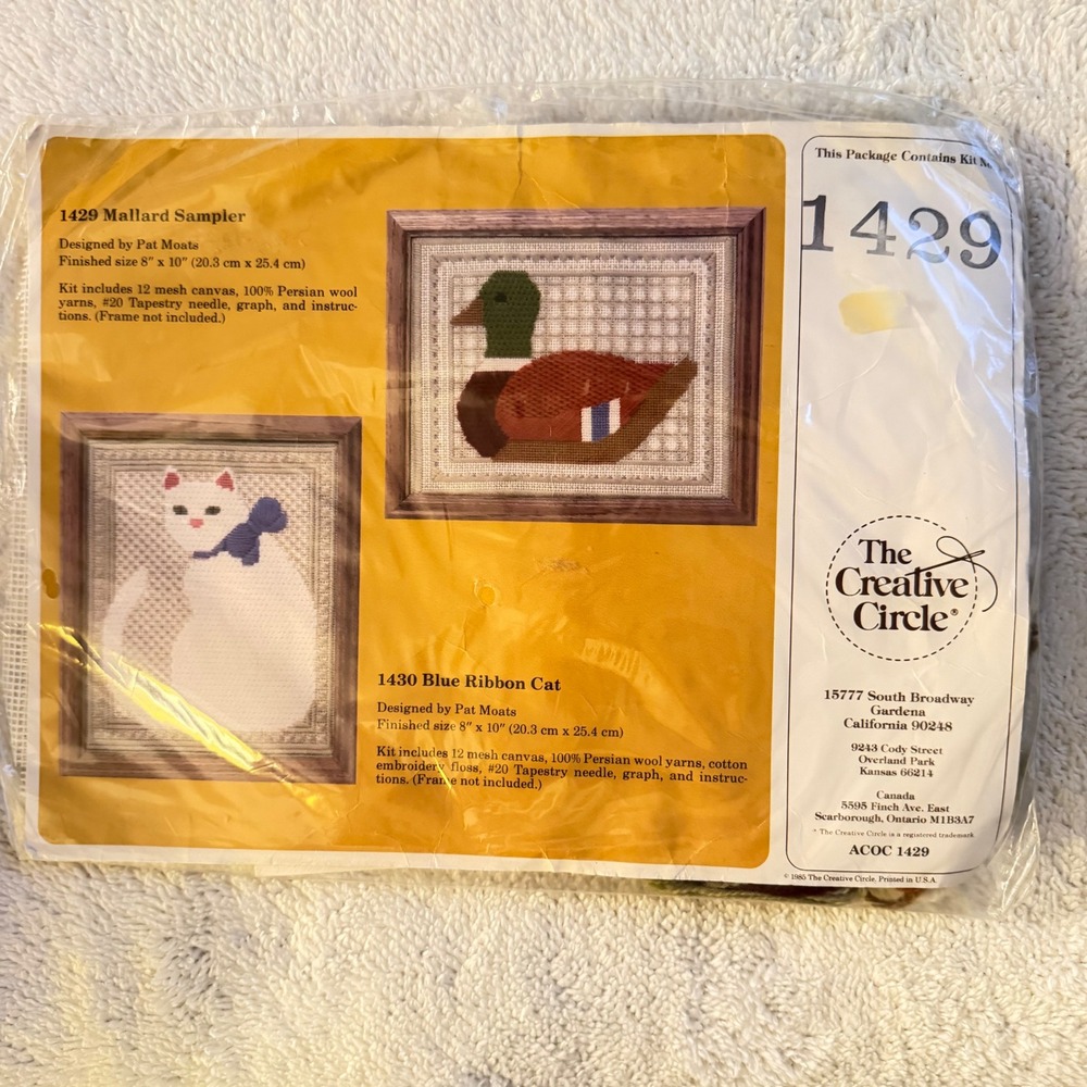 Creative Circle 1429 Mallard Sampler Needlepoint Kit Pat Moats Vintage Duck Wool